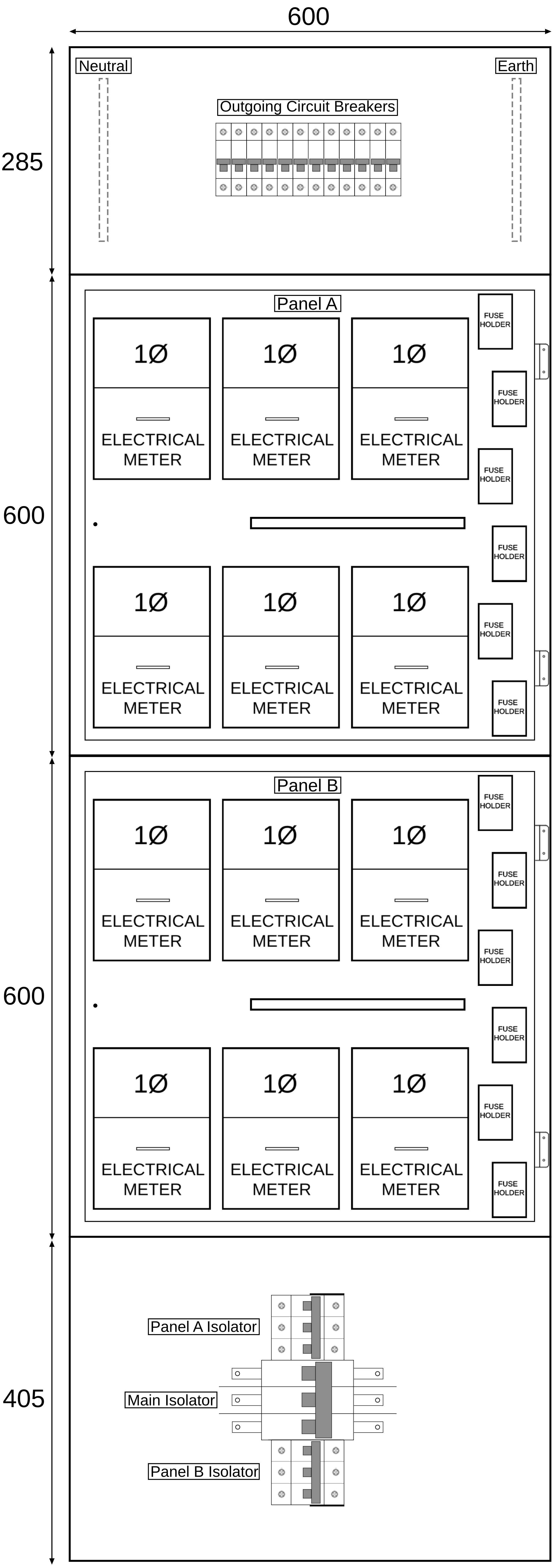 12 Way, Pre-wired Meter Panel with 250 Amp with Panel Isolator switch